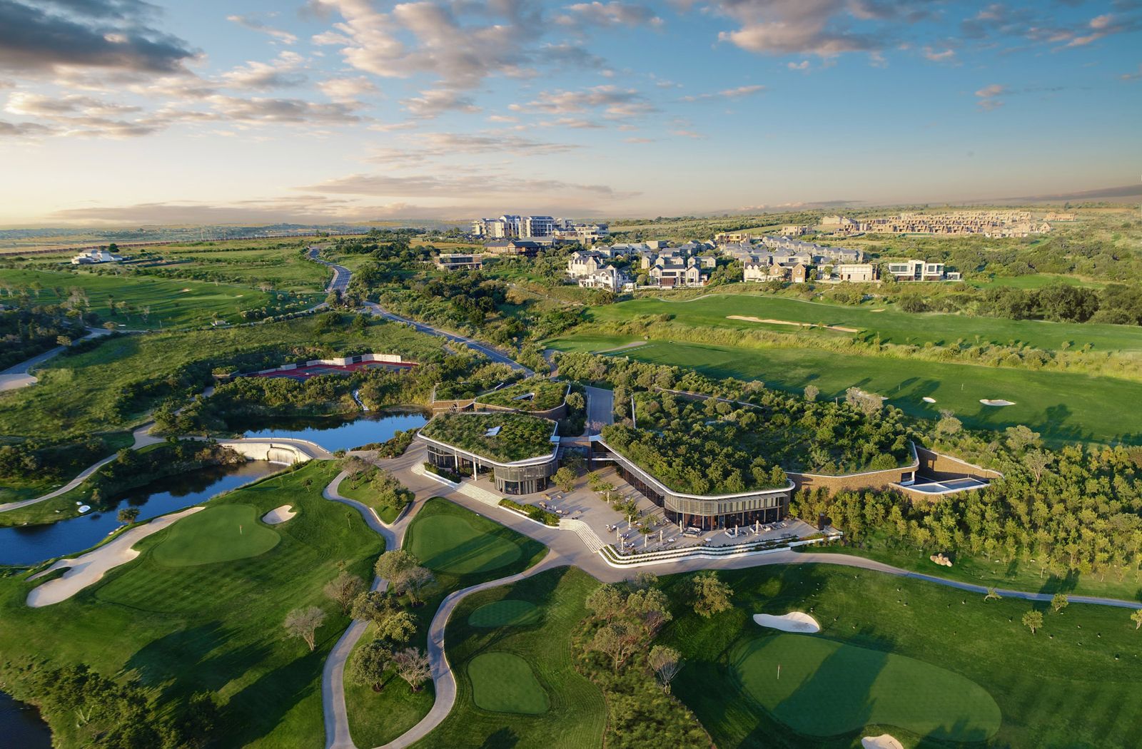 Johannesburg golf estate with green-roofed clubhouse